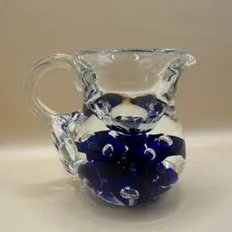 Maude & Bob St. Clair Blue Trumpet Flower Pitcher Shaped Glass Paperweight 3”