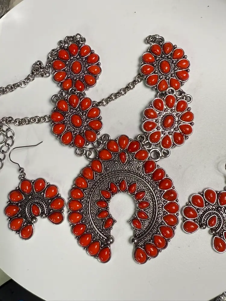 Southwestern Red Coral Squash Blossom Necklace & Earrings Set – Silver Tone Western Statement Jewelry