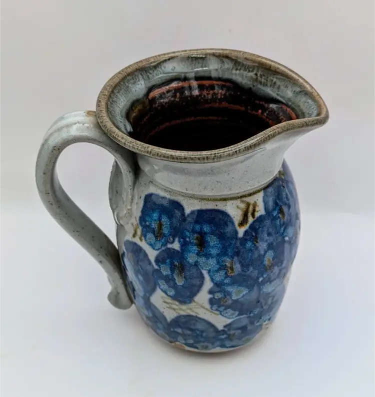 Blue Splash Florals Hand Thrown Studio Pottery Pitcher, Signed