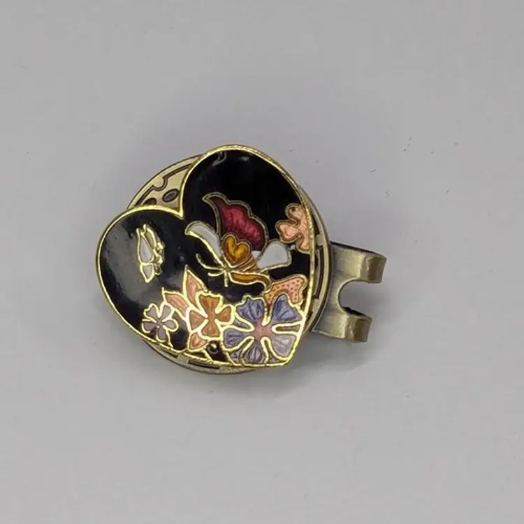 Vintage Cloisonné Butterfly Heart Shaped Golf Ball Marker with Magnetic Hat Clip