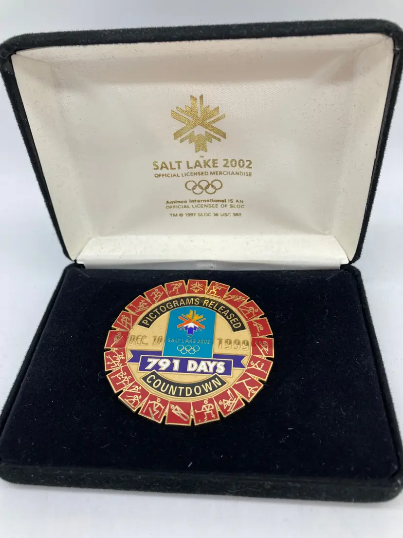 limited edition Salt Lake City 2002 Winter Olympics countdown pin that commemorates the release of the official Olympic pictograms