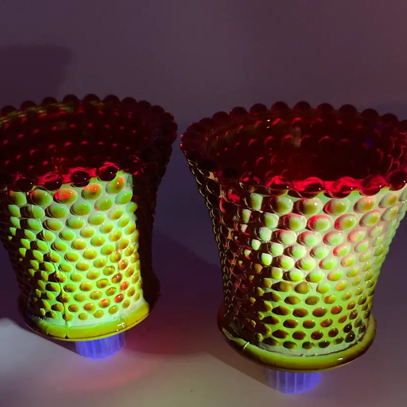 Vintage Glowy Ruby Red Glass Sconce Candle Holders!  3 1/2” Tall 3” Wide! UV Glow 😎😎😎