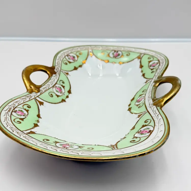 Nippon Hand Painted Porcelain Oval Shaped Dish In Gold Green And Pink