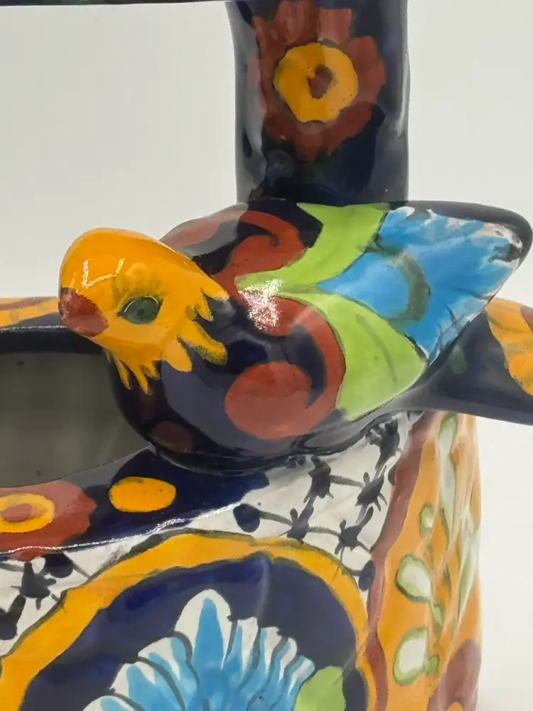 Talavera Mexican Pottery Wishing Well Planter/Wall Pocket W/Bird Vintage Signed