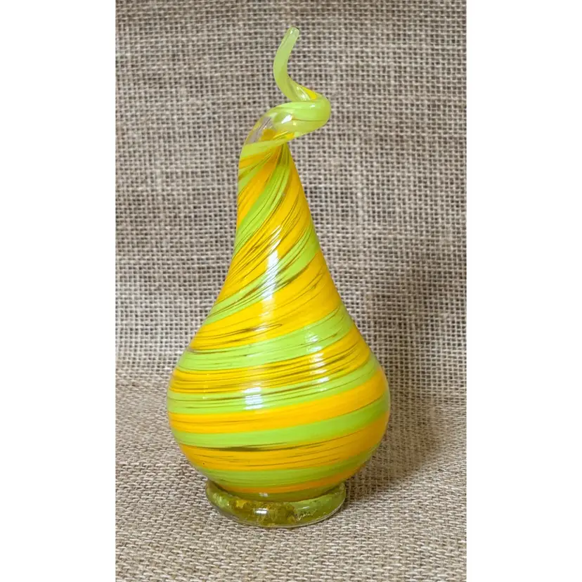 Yellow Green Striped Art Glass Decor Figure Paperweight Pear Shaped Whimsical