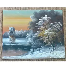 Small Vintage Winter Landscape Oil Painting On Wood Artist Signed Original Art