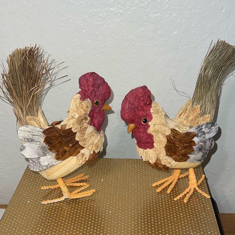 Set Of Corn Husk & Paper Roosters