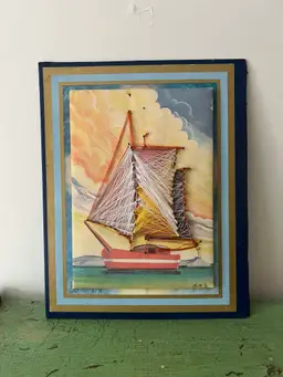 Vintage Sailboat String Art. 1980 Retro Wall Hanging Sunset