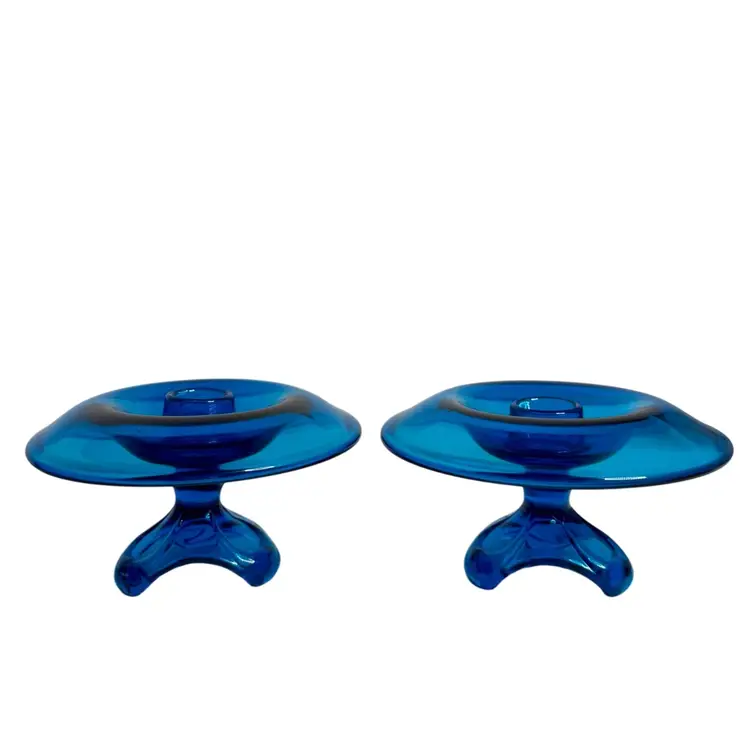Vintage Pedestal Candle Stick Holders (2) Viking Bluenique/Blue Glass 
3” T x 5” W