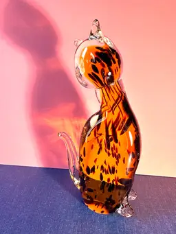 Art Glass Cat Figure Leopard Look Amber Black and Clear 9” tall No Issues