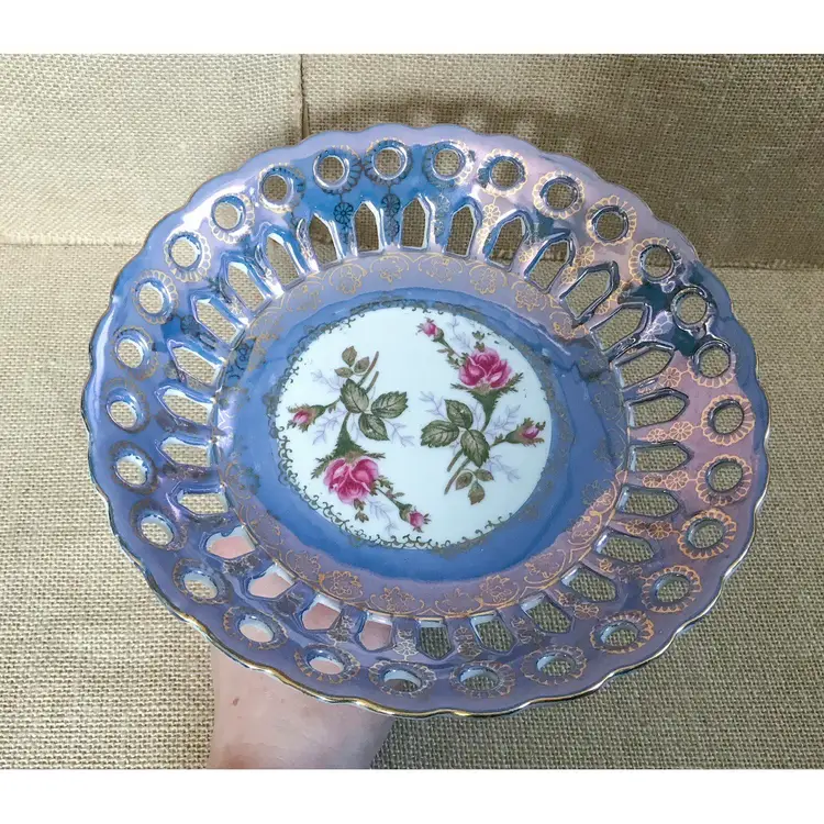 Vintage Lusterware Floral Pedestal Basket Bowl Centerpiece MCM Victorian Cottage