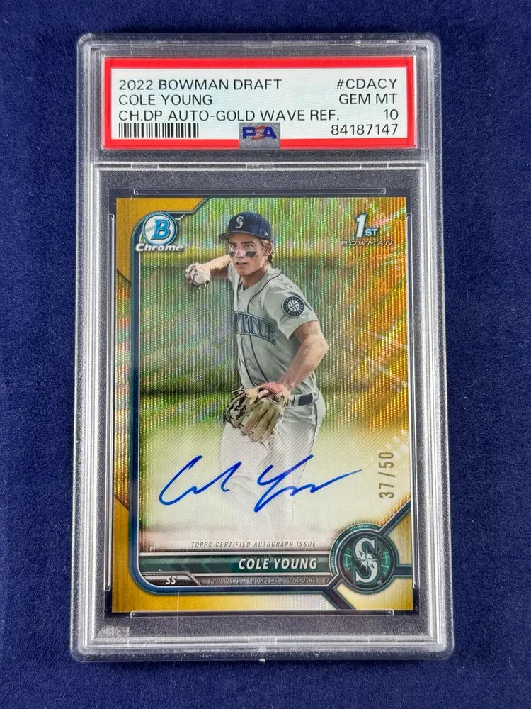 2022 Bowman Draft Chrome Cole Young Auto Gold Wave Refractor PSA 10