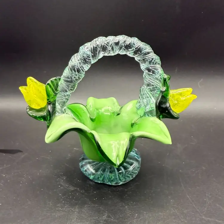 Vintage Hand-Blown Floral Art Glass Basket Twisted Handle