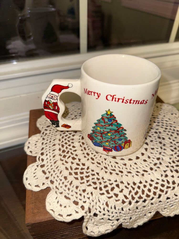 Vintage Merry Christmas Coffee Mug Christmas Tree Santa Claus