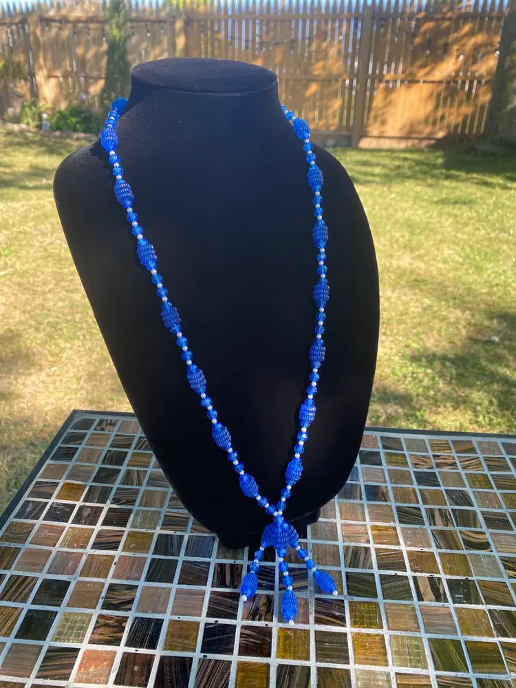 Vintage White small Round Spacer, Blue Beads w/ Multi Bead Tassel  30"