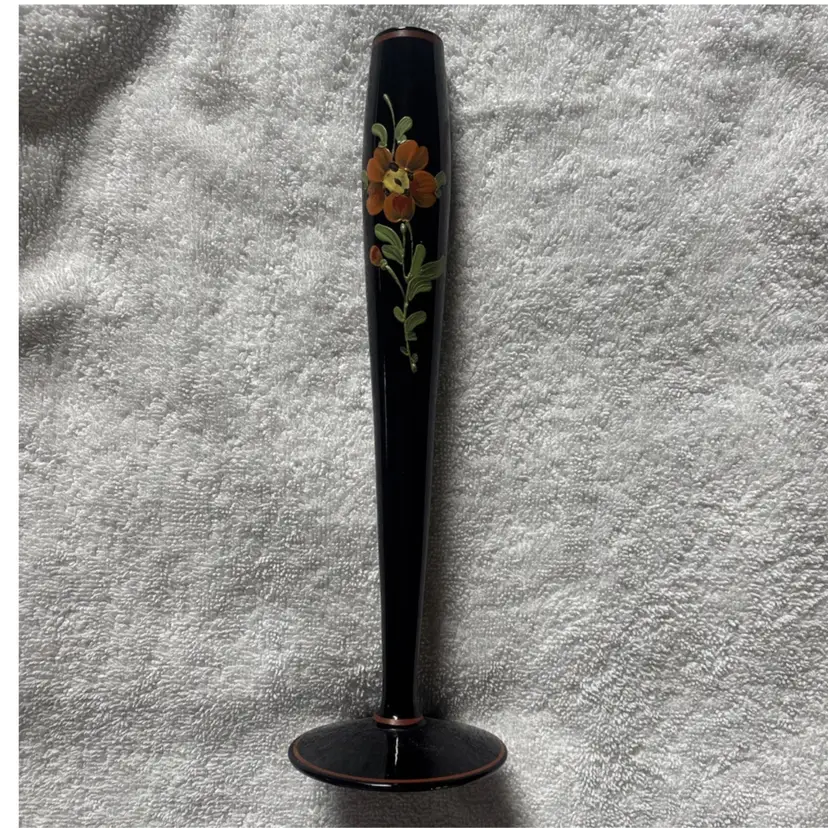 Vintage Black Amethyst Glass Bud Vase Hand Painted Flowers Orange Floral Design