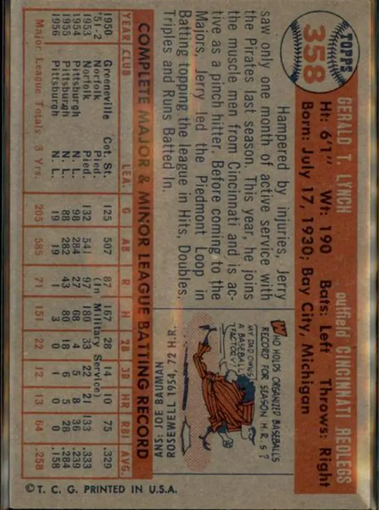 1957 Topps #358 Jerry Lynch - ( pk1 ) - Cincinnati Redlegs