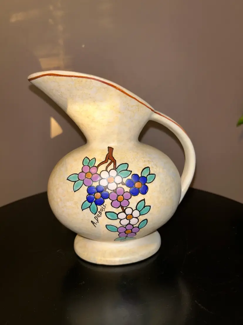 Vtg Belgium Pottery Hand Painted Floral Pitcher/Vase Signed A. Dubois