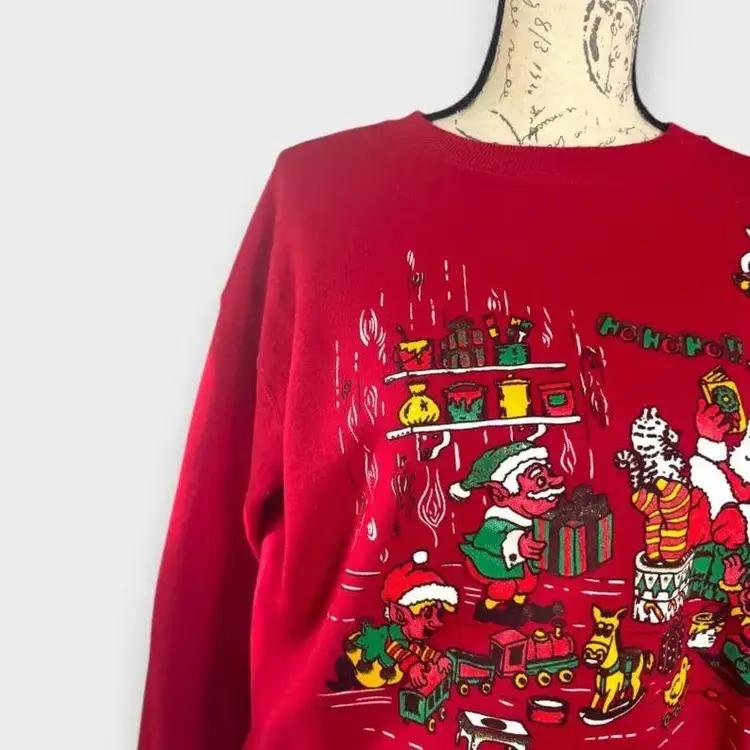 Vintage 90s Pullover Christmas Sweatshirt Sweater Hanes Her Way Santa Elf Cat Medium Grandmacore