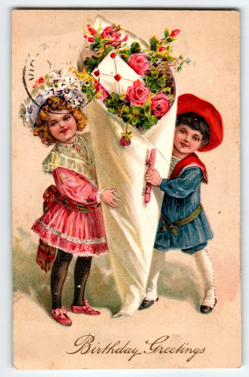 Antique Birthday Postcard – Children with Huge Flower Bouquet & Envelope, Emboss