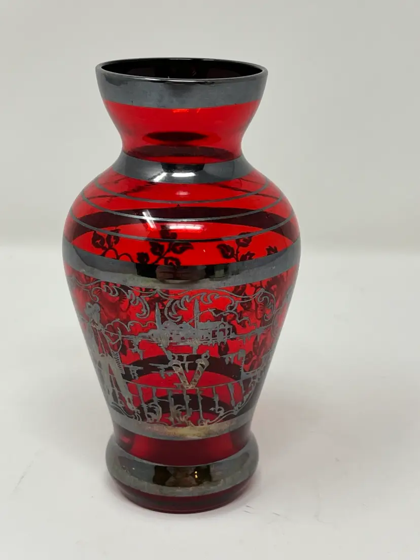 Vintage Venetian Ruby Red Glass Bud Vase with Silver Overlay 