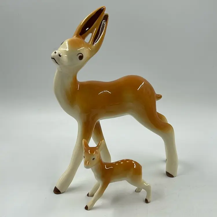 Vintage California Pottery Robert Simmons Figurine Deer Me 9” T And Little Baby 3.25”T. Excellent Condition Has A Black Mark On Belly As Shown In Photo.