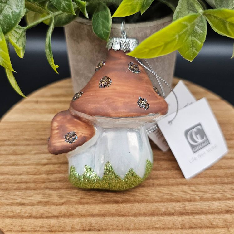 NWT Glittery Brown and Green Spotted Mushroom Glass Ornament by GiftCraft