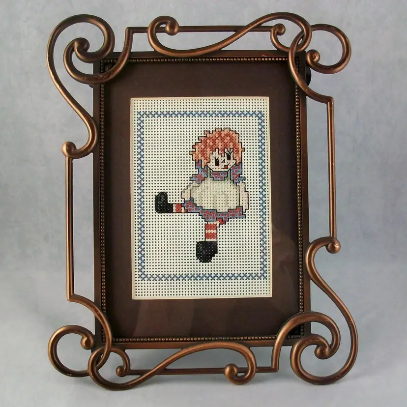 Cross Stitch Raggedy Ann Doll Antiqued Copper Openwork Scroll Metal Frame 7.5" x 9"