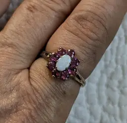 Vintage Sterling Silver Ring with Opal Surrounded by Pink Stones, Size 7.5