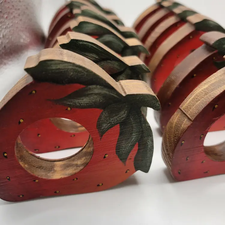 Set Of 17 Vintage Hand Painted Wooden Strawberry Napkin Rings 3"x 3.75"