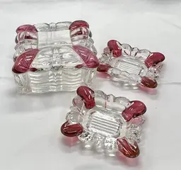 Westmoreland Ruby Red Flashed Glass Cigarette Box Matching Ashtrays Trinket Dish