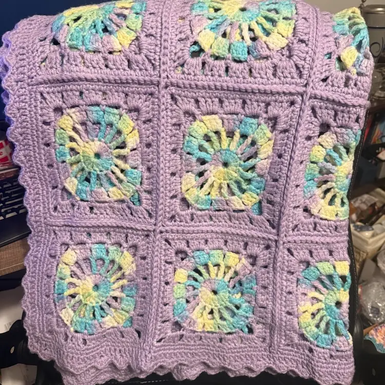 Handmade Purple Afghan With Colorful Squares 44x36
