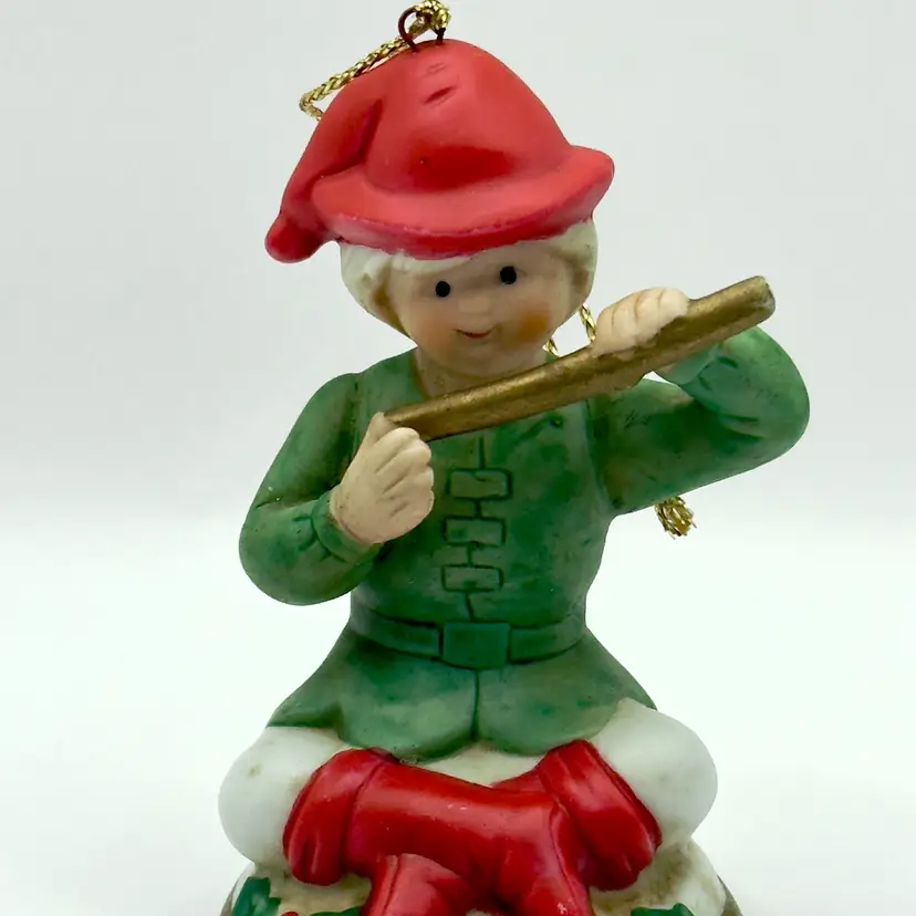 Vintage Christmas Elf Figurine with Flute Ornament, Hand-Painted Holiday Decor, Unbranded