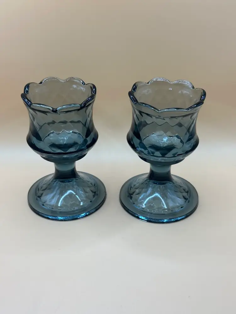 ✨2 Fenton Glass Diamond Optic Pedestal Candle Holder 4 1/2" Smokey Grey