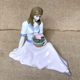 Lady with Flower Basket Porcelain Figure Small Statue Feminine Romance Mexican