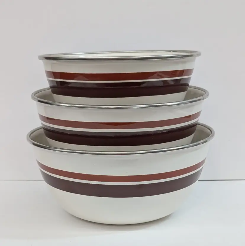 Vintage Set of 3 Enameled Metal Nesting Bowls Brown Stripes 7" 7.75" & 8.5"