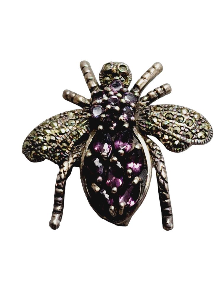 Vintage 925 Sterling & Amethyst Fly/Bug Brooch (A1382)