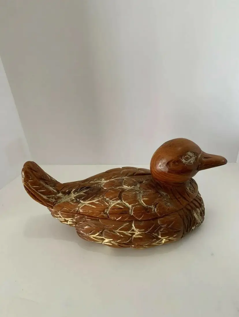Vintage Lloyd Marcos Made In Spain Hand Carved Wooden Duck Trinket Jewelry Box