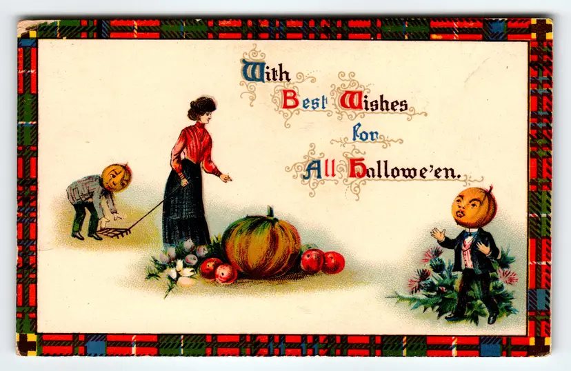 Vintage 1907-1915 Halloween Lithograph Postcard Pumpkin Heads Gottschalk