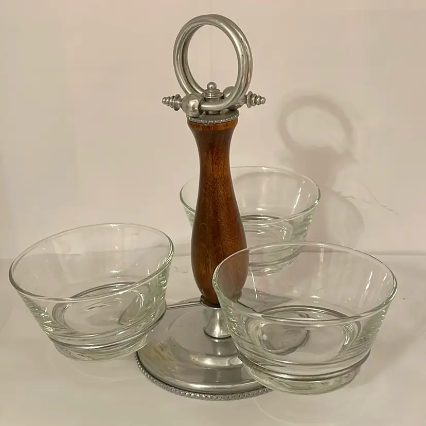 #546 MCM Wooden & Metal Condiment Nut Relish Caddy With 3 Clear Bowls