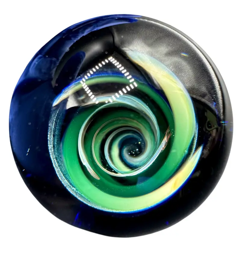 Large Art Glass Boro Marble Sphere 2.20” Vortex Swirl Blue Green Dot Stack Space