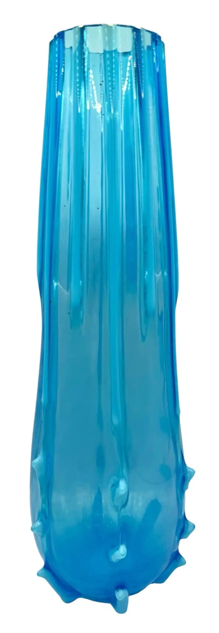 Vintage Czech Art Glass Thorn Vase Opalescent Blue UV Glow Acid Etched 11.5”