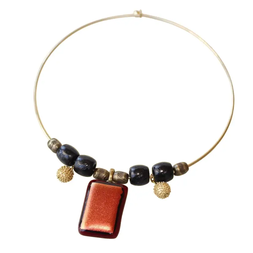 Handmade Jewelry Fiery Red to Yellow Dichroic Art Glass Pendant, Metal & Wood Beads on Gold Tone Wire Choker Necklace