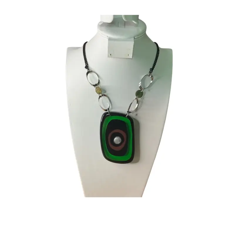 Vintage 70βs Acrylic Pendant Necklace Double Strand Ball Chain Shell Accents KK18