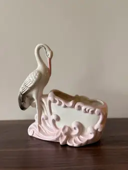 Dainty Mid-Century Pink Stork / Crane Planter Vintage Ceramic Cachepot
