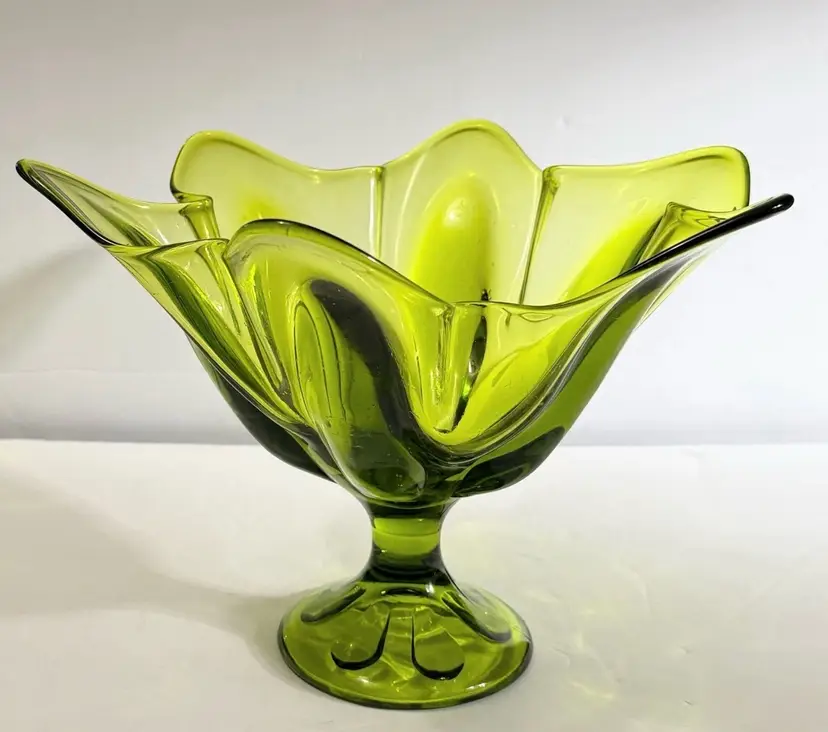 Vintage Viking Olive Green Glass Six Pedestal Vase Compote On Pedestal