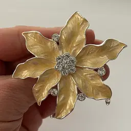 Large Vintage Gold Poinsettia brooch - enamel & white rhinestones - Nolan Miller style