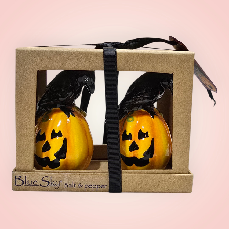 Blue Sky Clayworks Pumpkin Black Crow Salt & Pepper Shakers Boxed