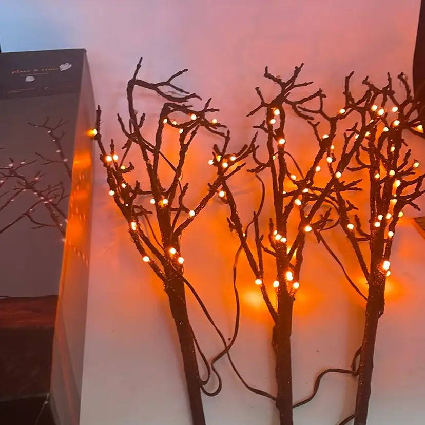 Set of three LED tree steaks, 2 foot tall, black glitter, orange lights