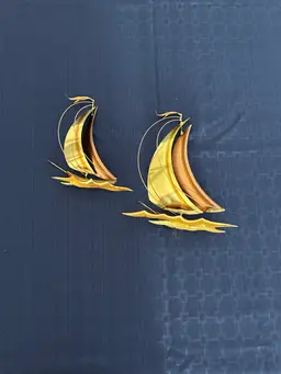 MCM Copper Brass And Wood Sailboat Wall Decor Set Of 2. Measurements In Pics.